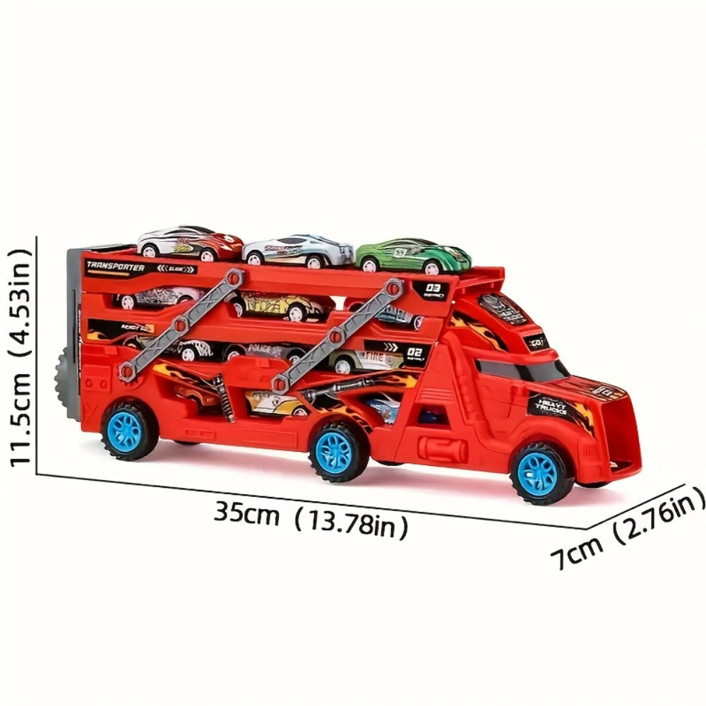 Transforming Launcher Truck Playset with 8 Alloy Cars, Foldable Storage Transporter Toy, Car Carrier Truck with Launch Ramp —