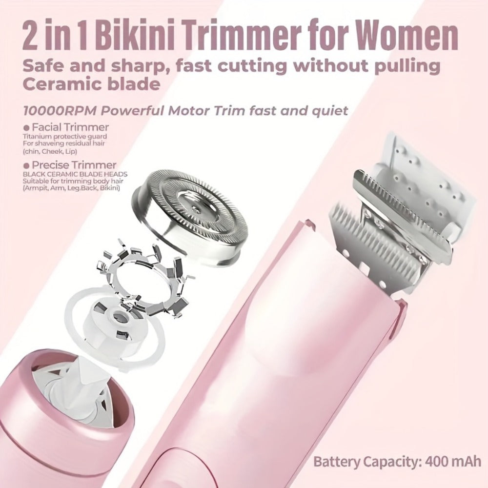Bikini Trimmer Electric 2-in-1 Rechargeable Dual-Head Face Shaver for Women – Stainless Steel Blade USB Cordless Hair Remover