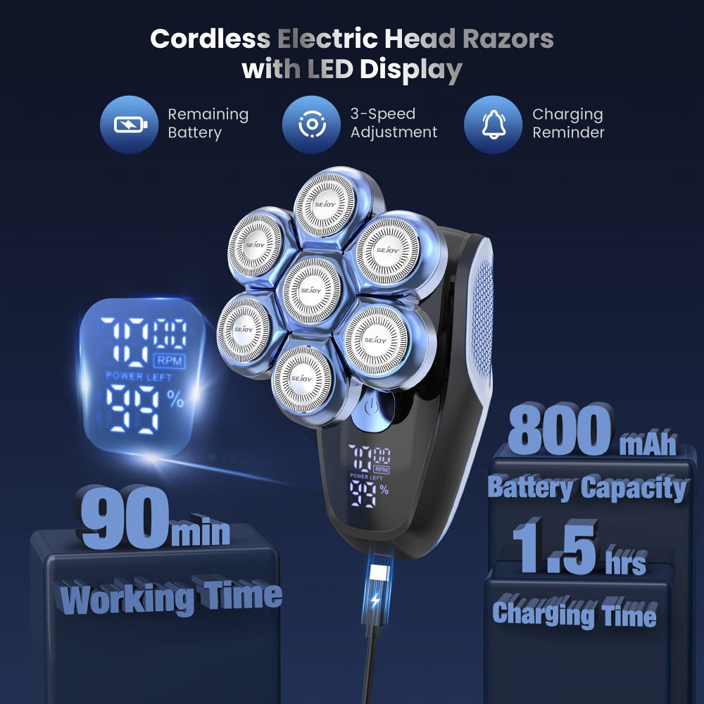 Electric Head Shaver for Bald Men 7D 7 Floating Heads – All-in-One Grooming Kit with Nose Hair Trimmer & Facial Cleaning Brus