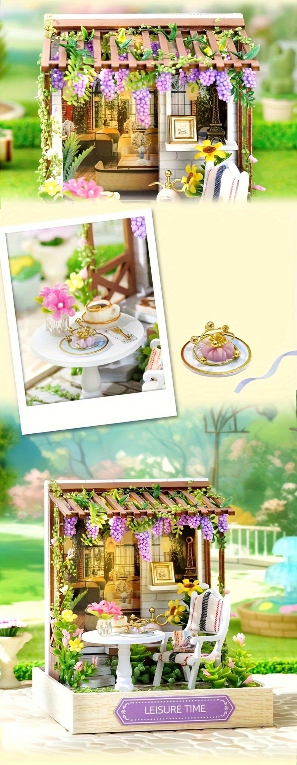 DIY Wooden Tiny House Kit with Dust Cover, Handmade Miniature Dollhouse Puzzle, 3 Themes Afternoon Tea Rotating Food House Mo