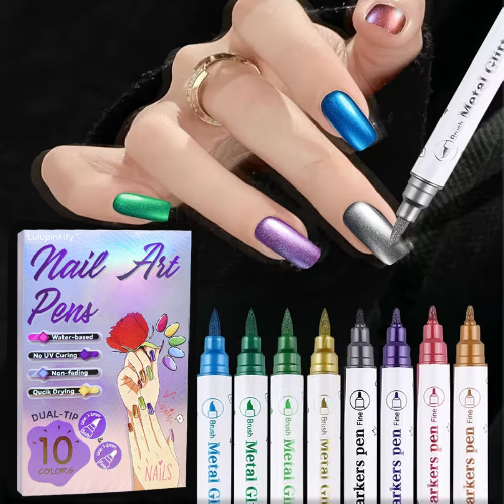 Nail Art Pens Set 10 Metallic Colors with 12pcs Nail Stickers – Dual-Headed 3D Acrylic Polish Markers for Doodle Dot Line Sti
