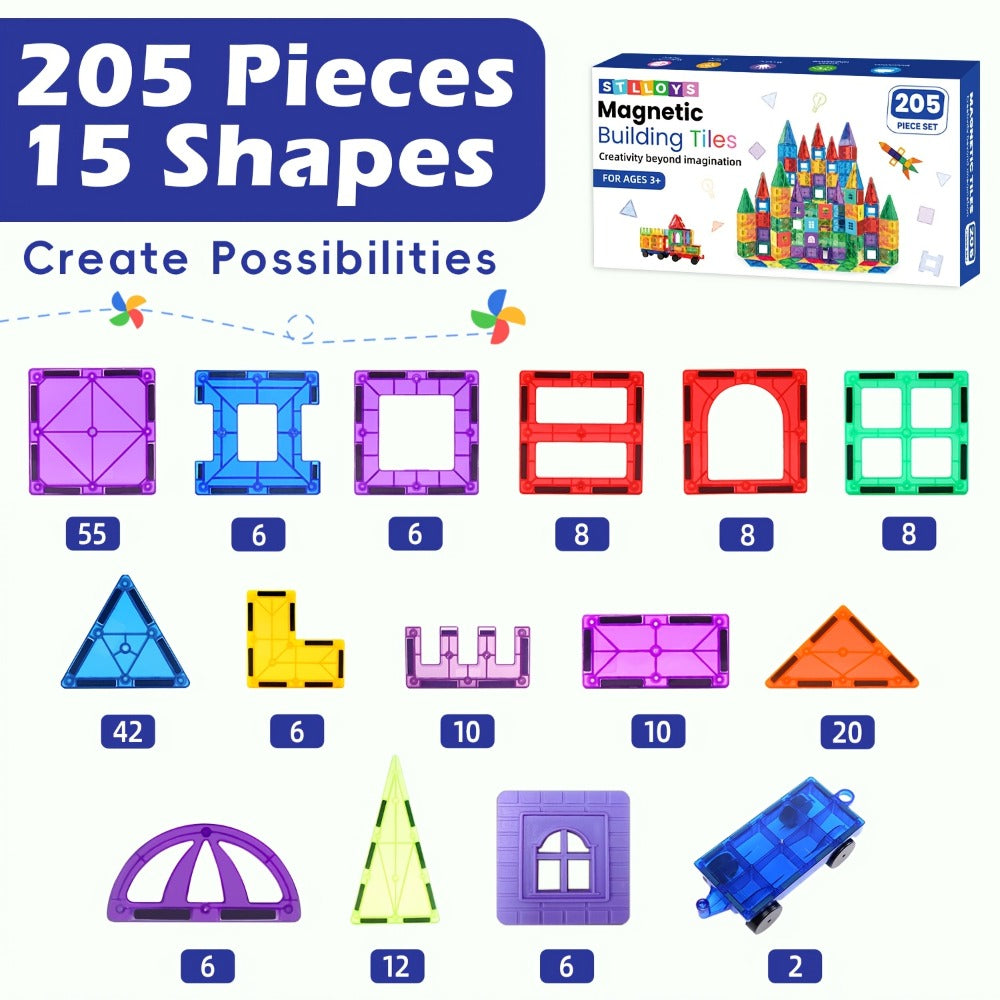 Magnetic Tiles Building Set for Kids 3 4 5 6 7 8 – 80 106 136 205pcs Clear 3D Magnet Building Blocks STEM Educational Toy Chi