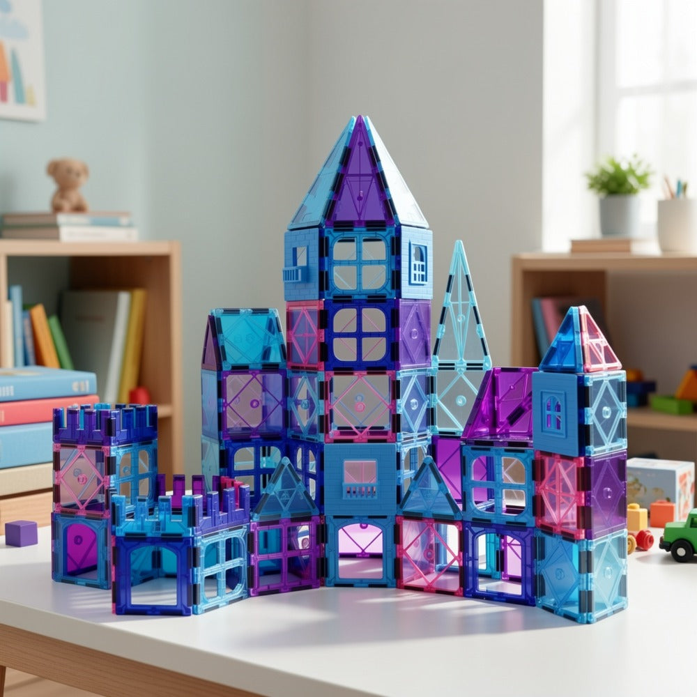 32-Piece Blue and Purple Magnetic Tile Castle Set with Squares, Triangles and Window Pieces — image 7