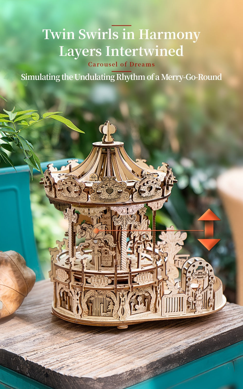 Rotating Merry-Go-Round Wooden Puzzle Kit, Mechanical Carousel 3D Model for Adults & Teens, DIY Kinetic Display Piece — image