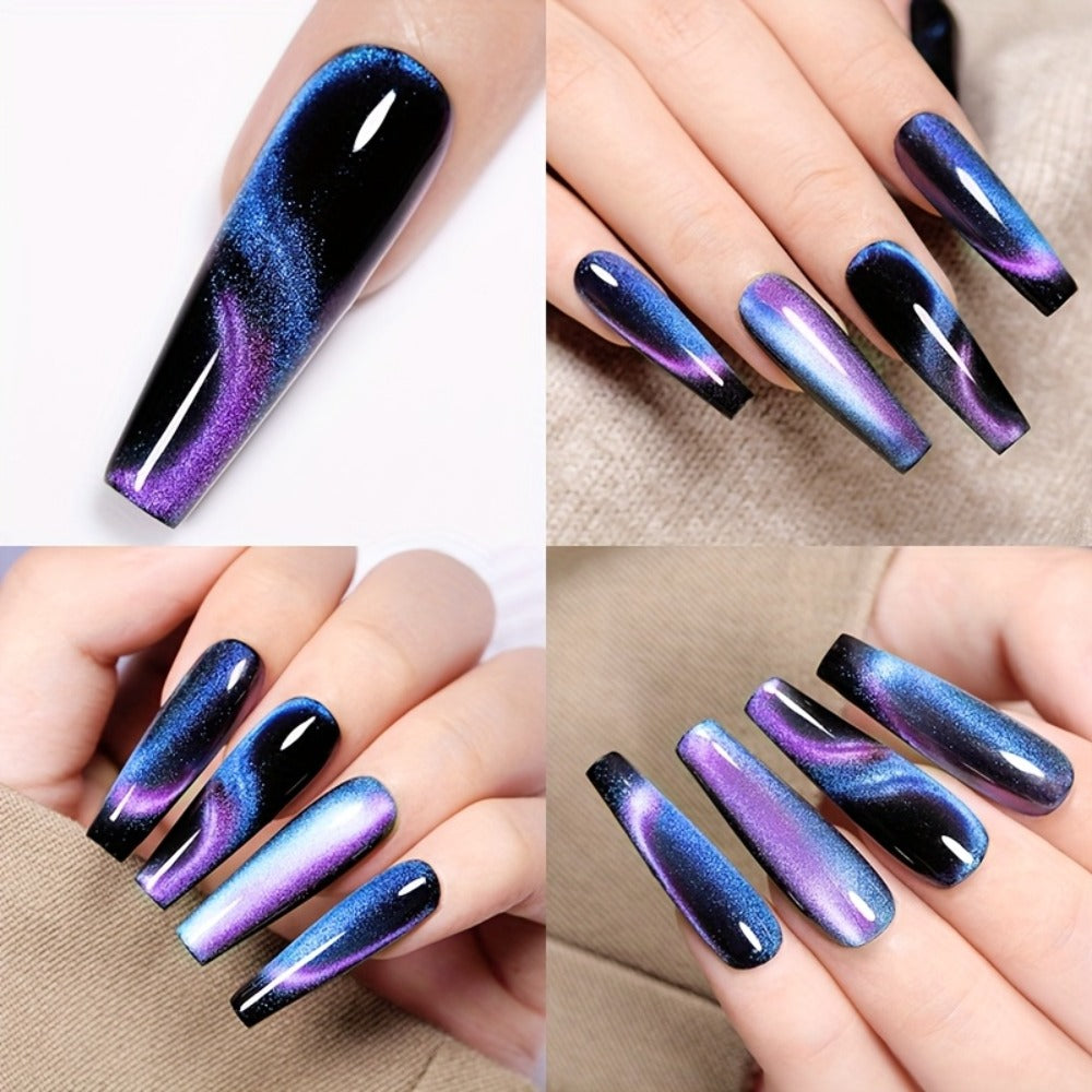Gel Nail Polish 8-Piece Aurora Magnetic Cat-Eye Set with Black-Crystal Glitter and 3D Light-Shifting Finish for UV/LED Cure —