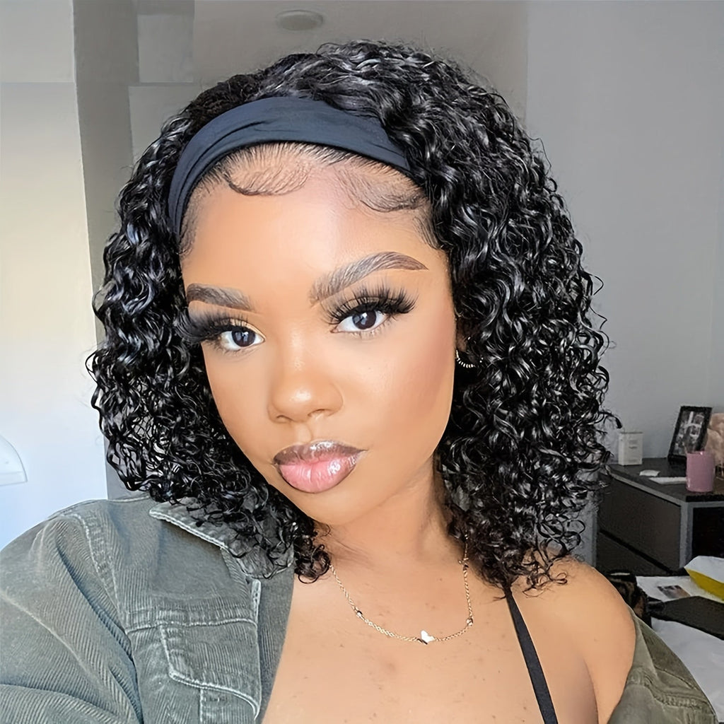 Headband Wig Human Hair Short Curly Pixie 14 Inch No Glue No Lace Glueless Wear and Go Natural, for Home, Travel and Salon Ha