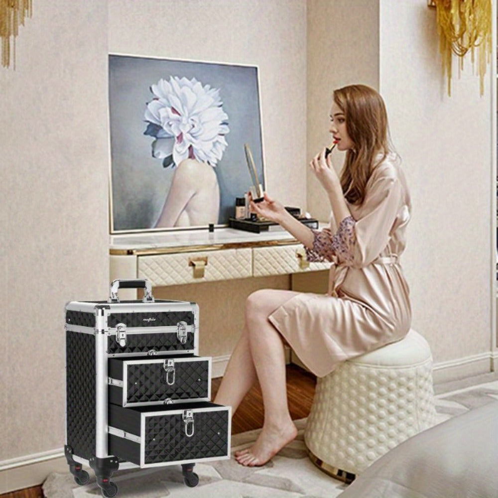 Black Rolling Makeup Train Case with Four Wheels, Telescoping Handle, Three Top Trays and Two Drawers — image 2