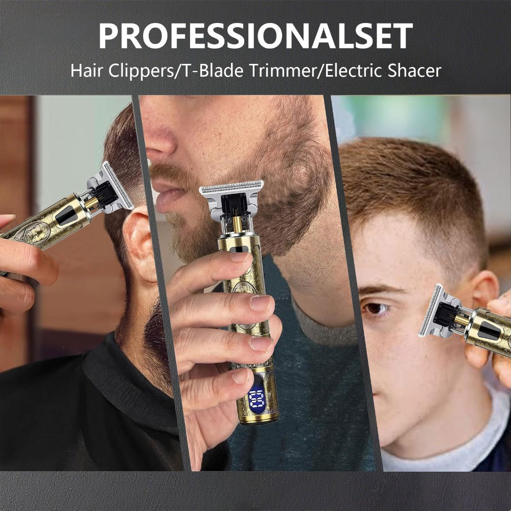 Hair Clippers & Trimmers Vintage Gold T-Blade Model with LCD Display, USB Charging and Three Etched Designs — image 12