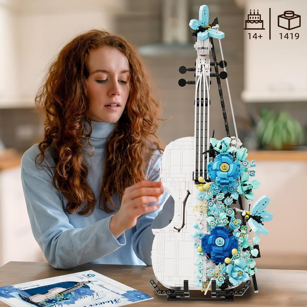 1419-Piece Flower Violin Building Block Model with Brick-Built Stand, Blue Blooms and Panel Detail — image 7