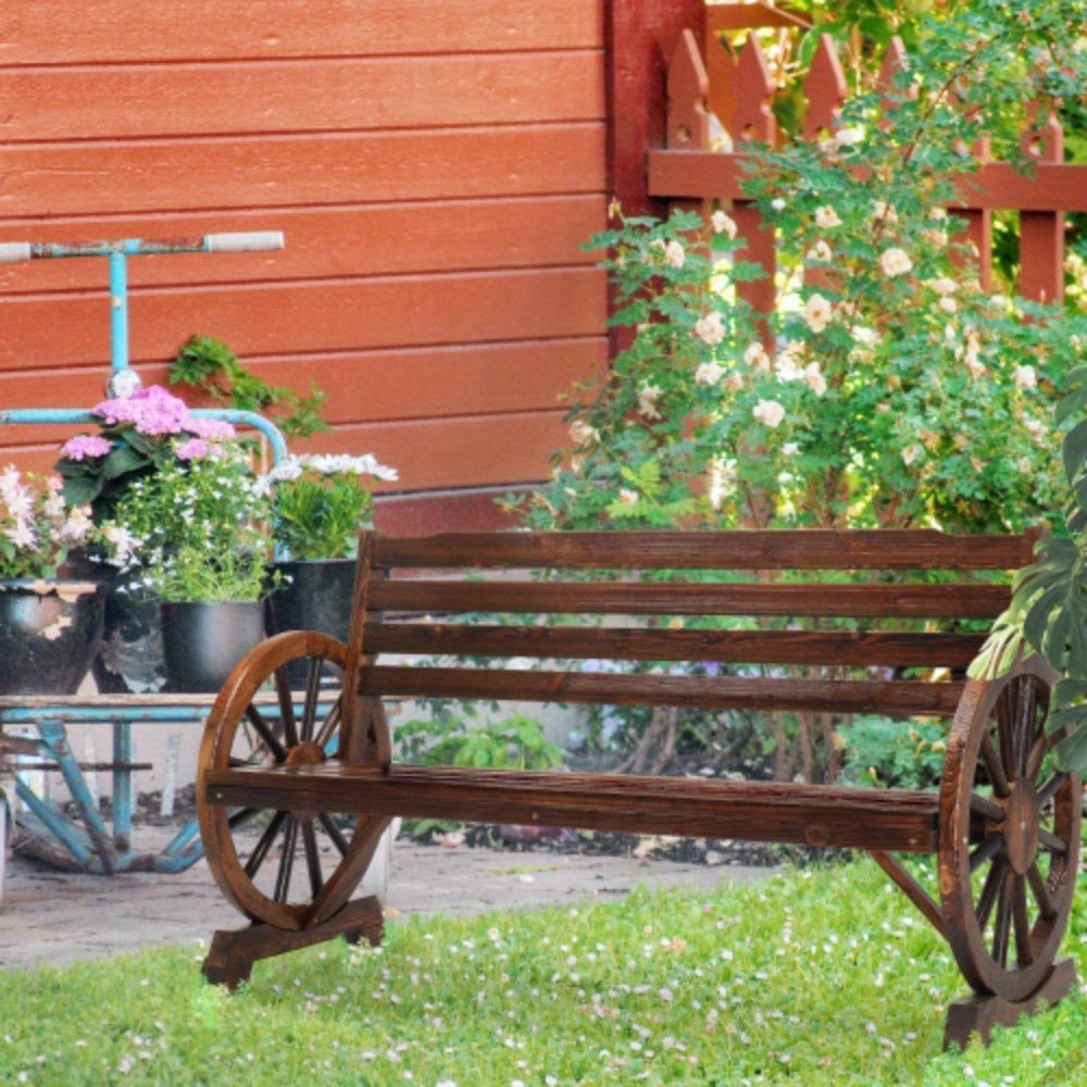 Outdoor Wooden Wheel Bench 3-Person Wagon Slatted Seat Weatherproof Porch Garden — image 4