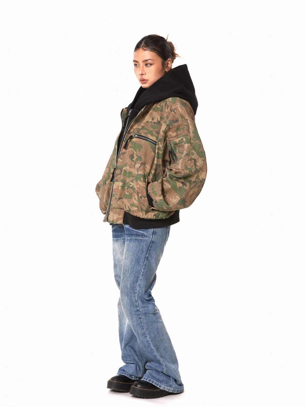 Retro Workwear Camouflage Coat Women Fake Two Pieces Loose Jacket