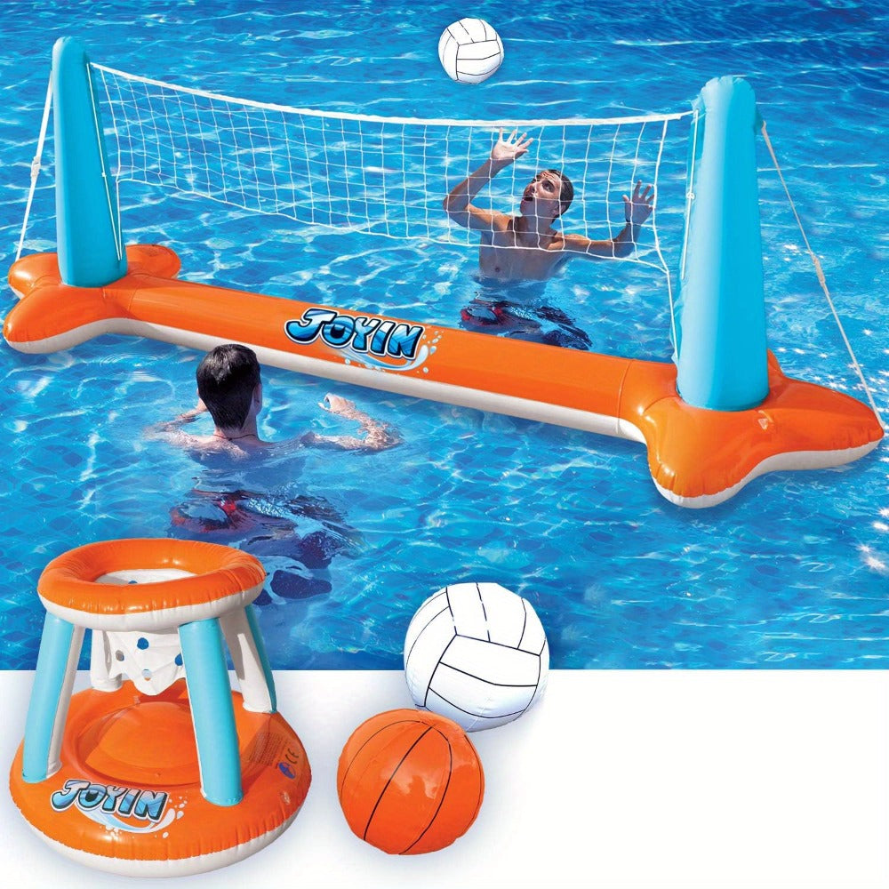 Inflatable Pool Game Set for Kids & Adults, Volleyball Net Court & Basketball Hoops with Balls — image 10