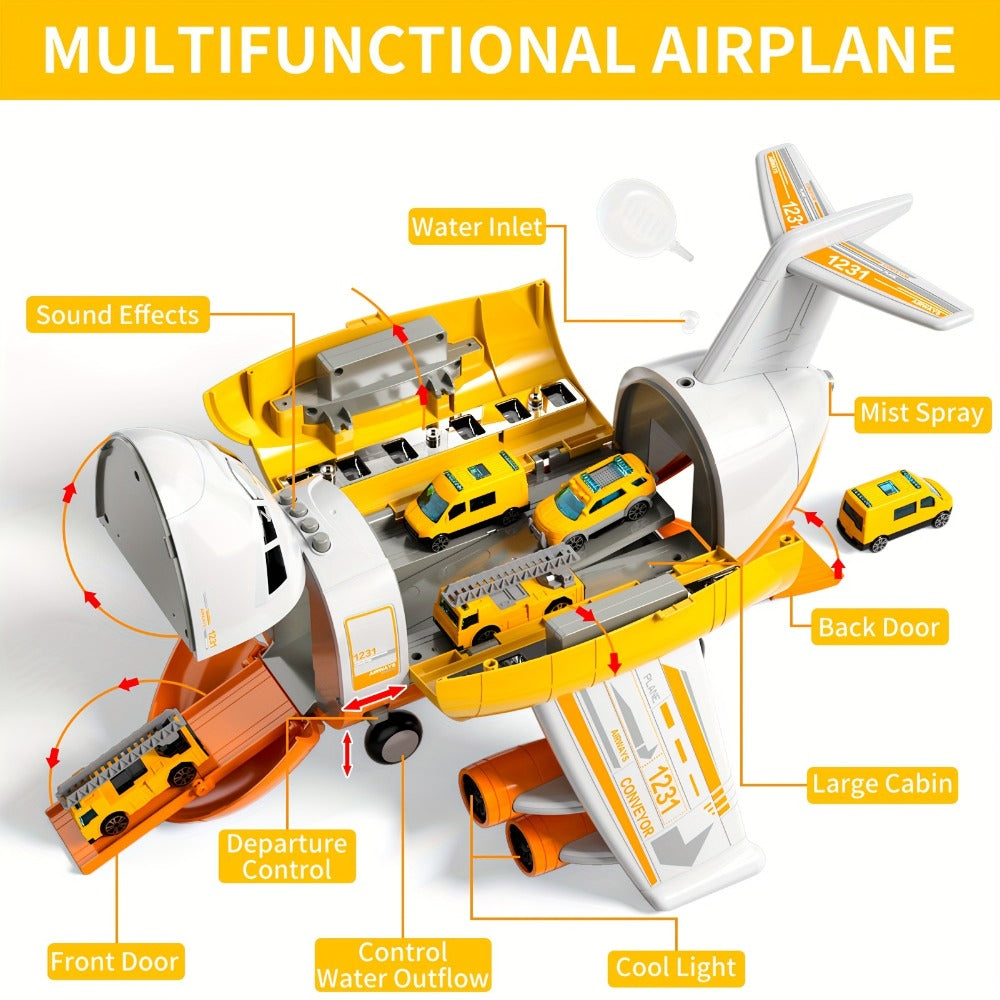 Jumbo Transport Airplane Toy for Kids with 10 Cars & Spray Mist, Cargo Plane Playset Toddler Boy Girl Birthday Gift Ages 3+ —