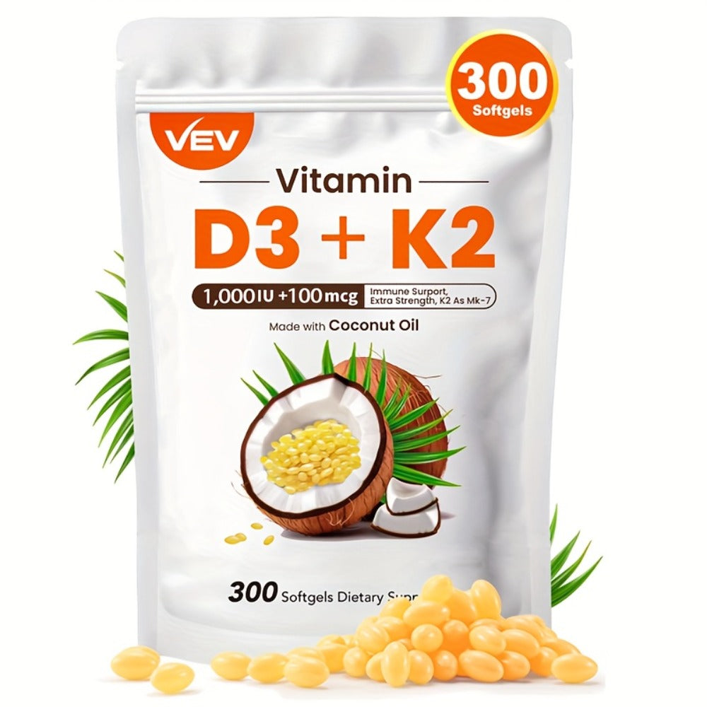 Bone Health Supplement Vitamin D3 1000 IU K2 MK-7 100mcg, 300 Softgels with Coconut Oil for Calcium Absorption — image 1
