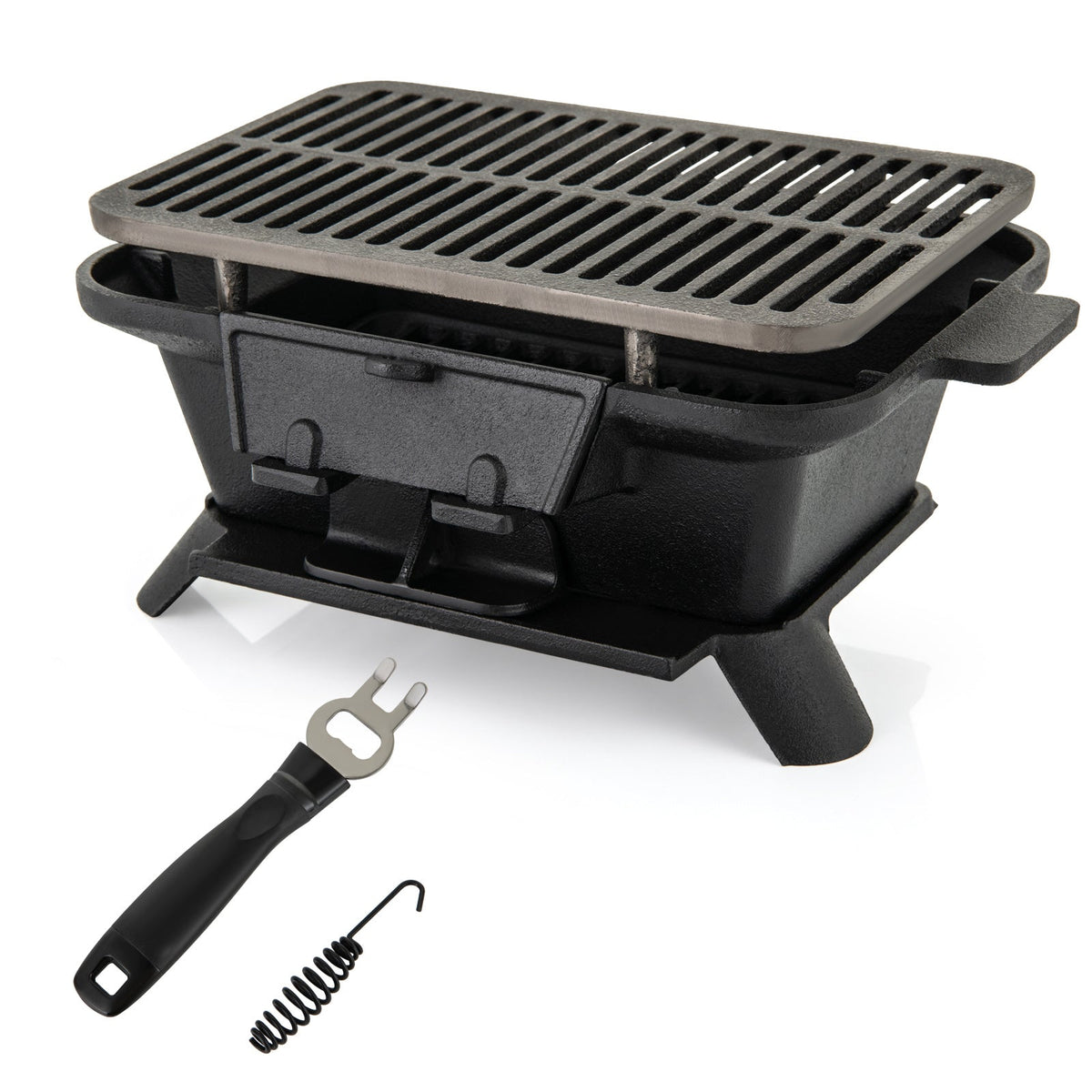Cast Iron Charcoal Grill Portable Hibachi Tabletop BBQ Grill 16x11in Double-Sided Grate for Grilling, Camping and Outdoor Mea