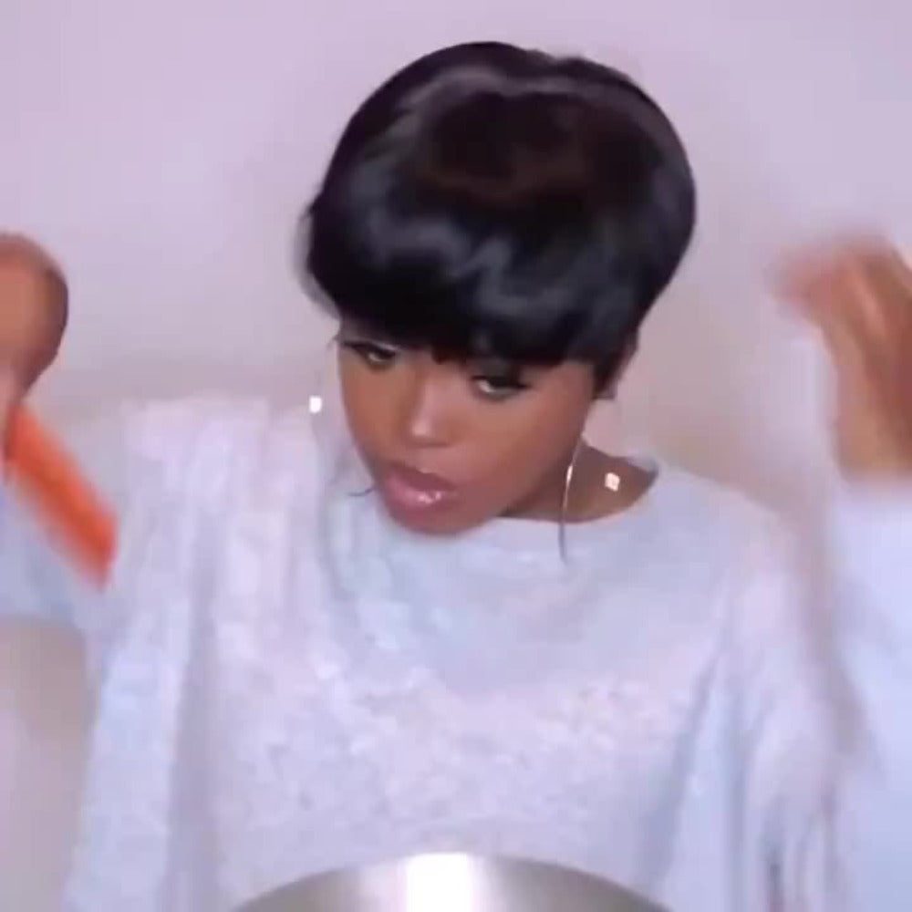 Straight Pixie Human Hair Wig with Bangs, Black 6-Inch Length and Approximately 22.5-Inch Cap — image 11