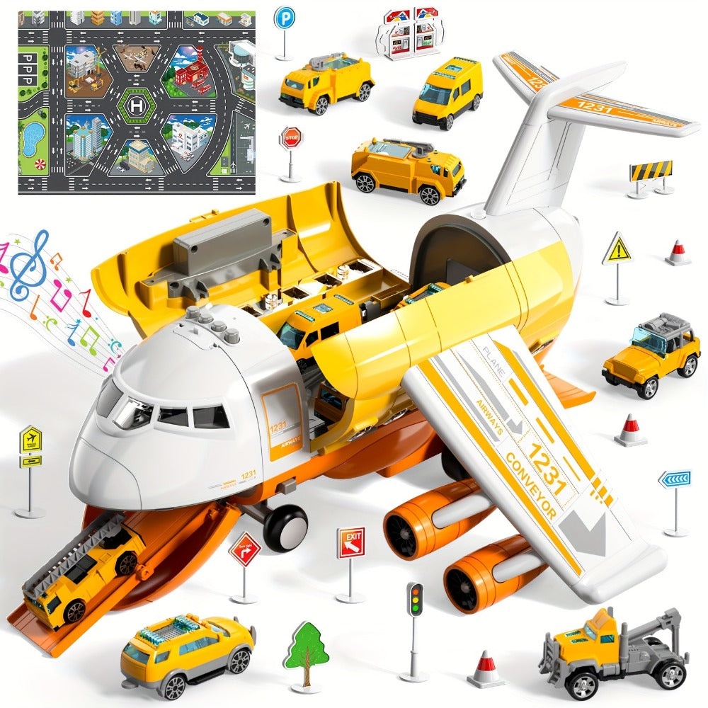 Jumbo Transport Airplane Toy for Kids with 10 Cars & Spray Mist, Cargo Plane Playset Toddler Boy Girl Birthday Gift Ages 3+ —