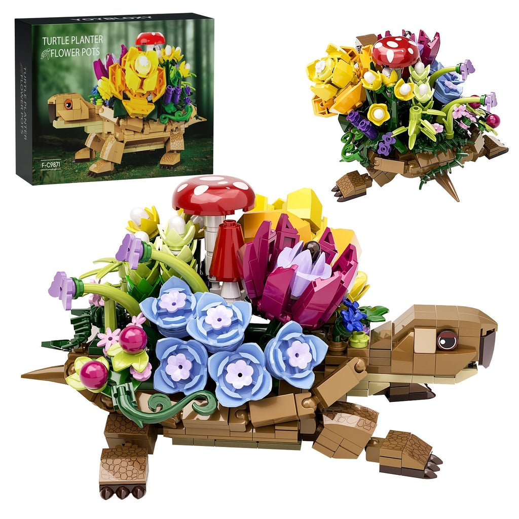 Turtle Flower Planter Building Block Set 510 Pieces – Cute Turtle Brick Puzzle Decor Toy, Unique Handmade Display Gift for Ki
