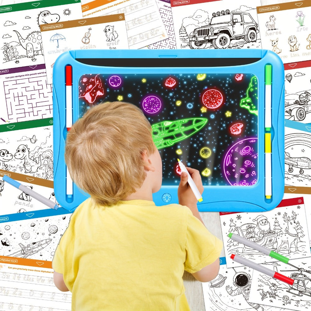 LED Light Up Drawing Board for Kids, 9 Double-Sided Tracing Cards 6 Markers Glow Doodle Travel Art Toy for Girls Boys Ages 3-