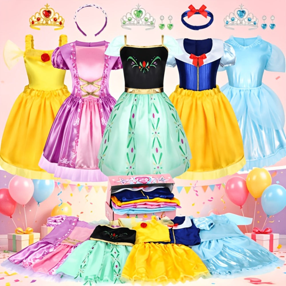 Girls Princess Dress Up Costume Set 14pcs, 5 Role Play Outfits with Crowns, Earrings & Storage Box — image 2