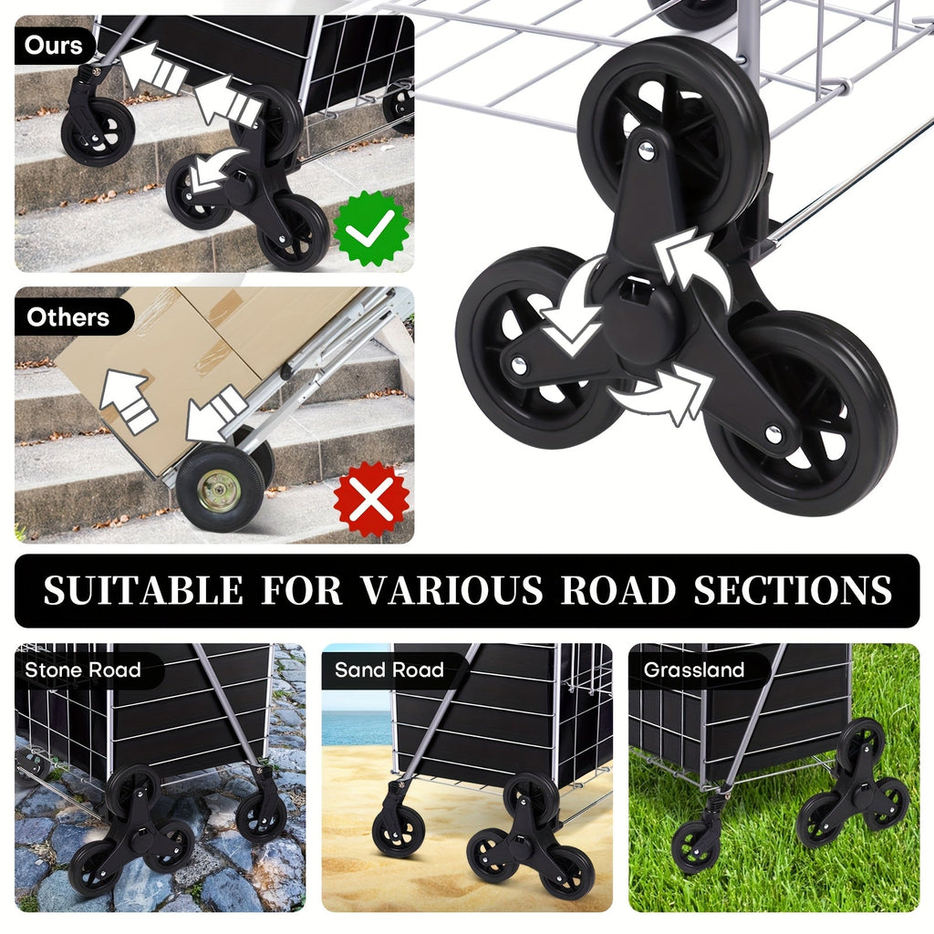 Stair Climbing Cart 8 Wheels 100 LBS Capacity Collapsible Utility Cart Foldable Grocery Dolly with Dual Basket Stainless Stee