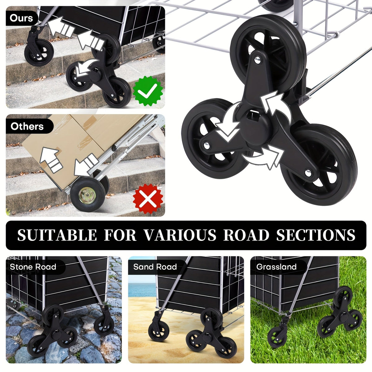 Stair Climbing Cart 8 Wheels 100 LBS Capacity Collapsible Utility Cart Foldable Grocery Dolly with Dual Basket Stainless Stee