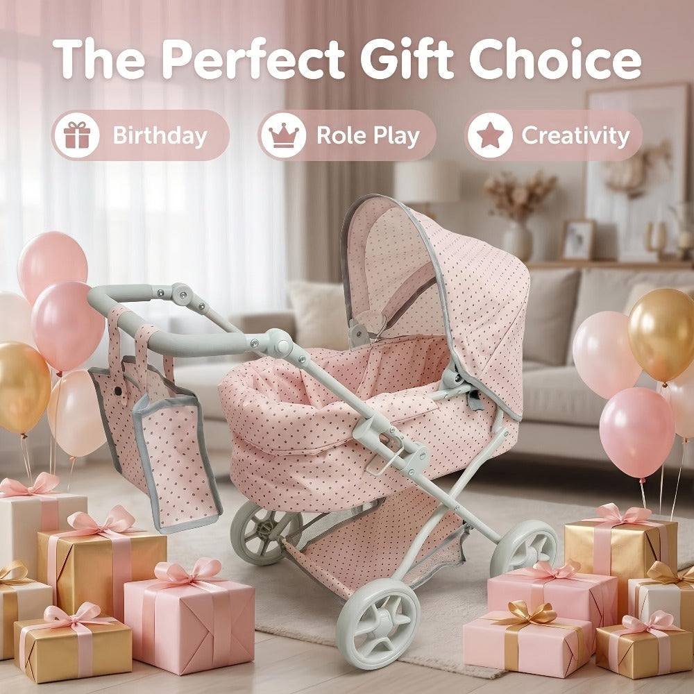 3-in-1 Baby Doll Stroller Set Pink Foldable Pram with Bassinet & Carry Bag with the Listed Color, Size or Set Options for Eve