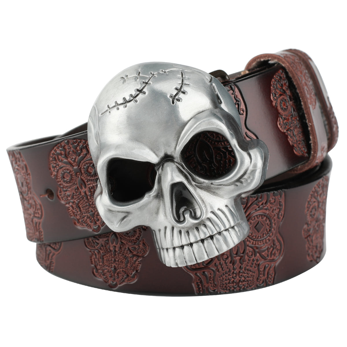 Leather Belt With Embossed Ghost Head Design And Smooth Skull Buckle