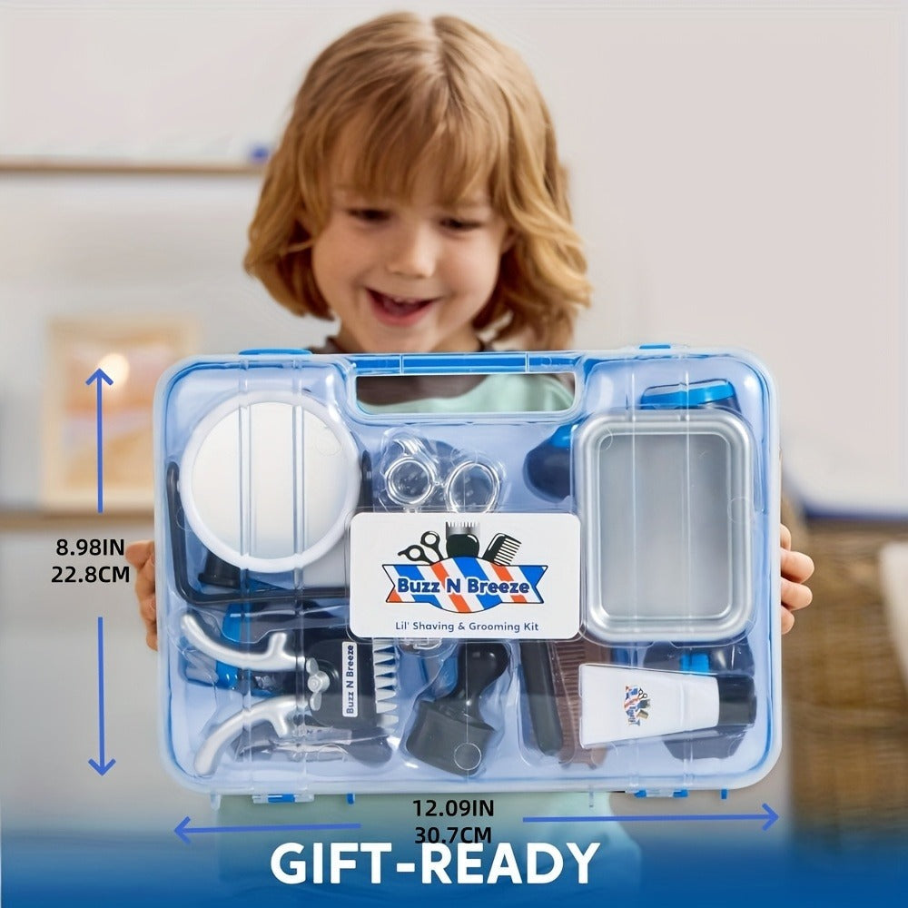 Kids Barbershop Pretend Play Kit 23pcs with Storage Box, Realistic Barber Role Play Toys with Shaver Scissors Hairdryer Comb 