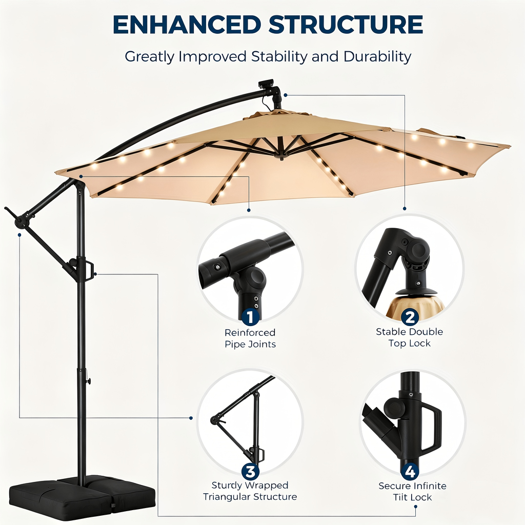 Patio Umbrella 10FT Solar LED Cantilever Style with 32 Lights, Eight-Rib Frame, Tilt and Four Colors — image 7