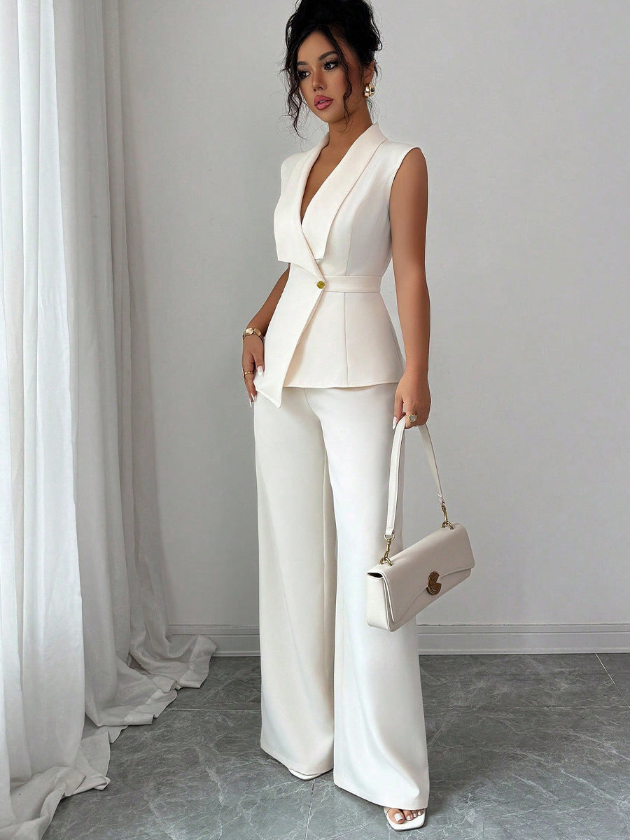 Solid Color Vest Straight-leg Trousers Suit For Women