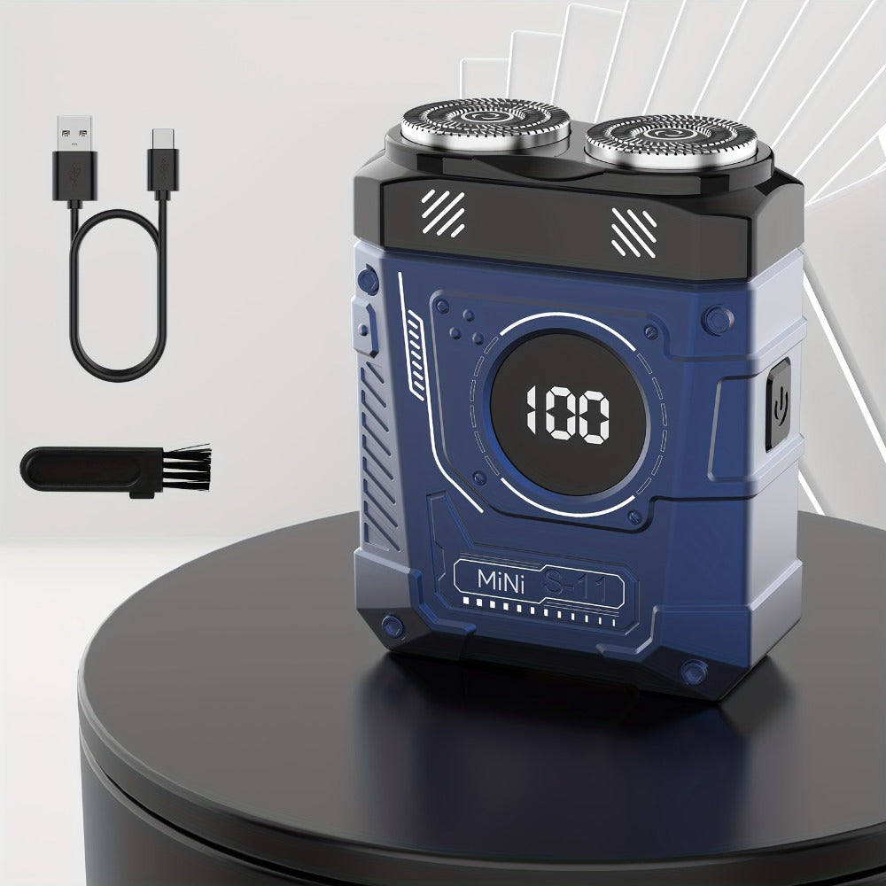 Compact Mecha-Green Dual-Rotary Electric Shaver with Front Battery Display and USB Cable Pictured — image 12