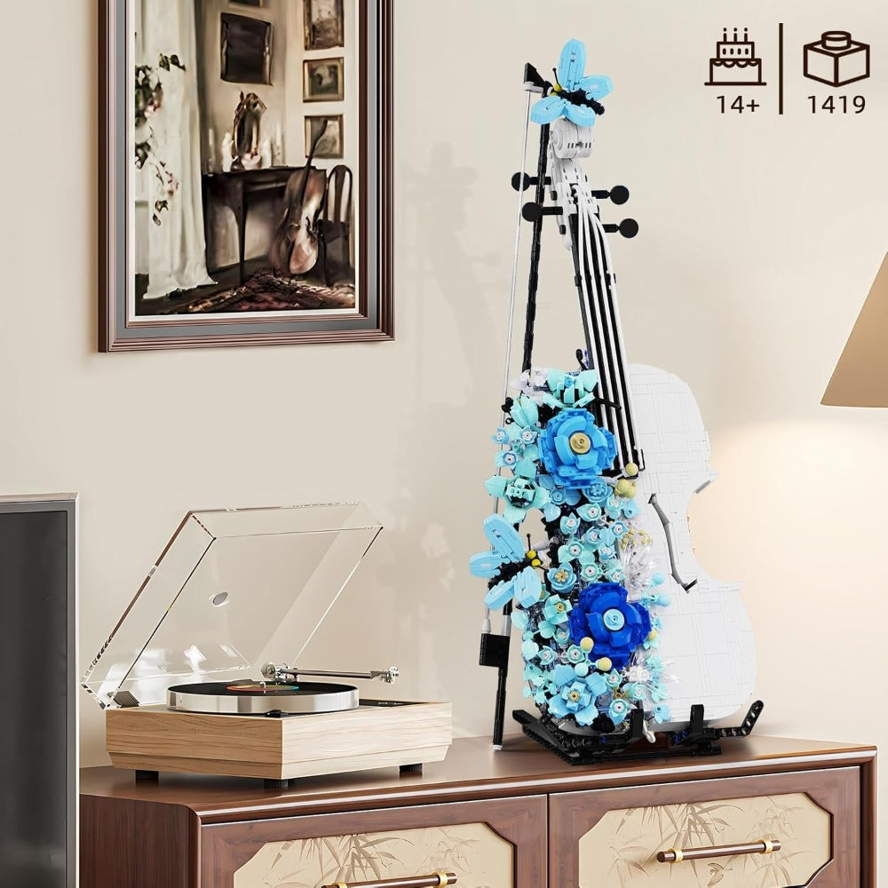 1419-Piece Flower Violin Building Block Model with Brick-Built Stand, Blue Blooms and Panel Detail — image 2