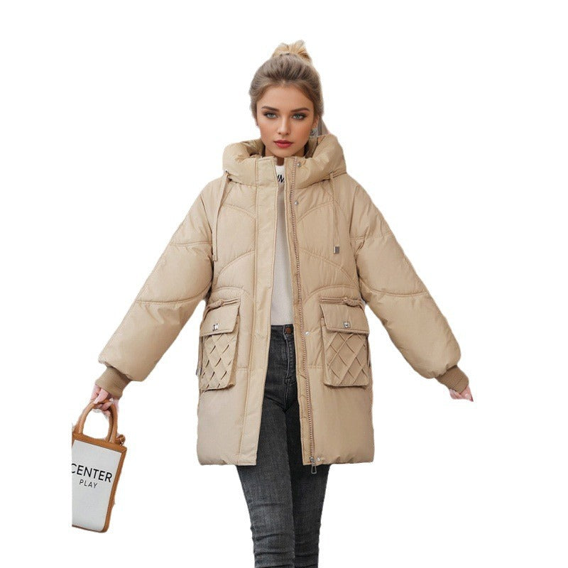 Winter Warm Hooded Coat With Pockets Fashion Solid Color Thicken Straight Cotton Jacket For Women Outerwear Clothing