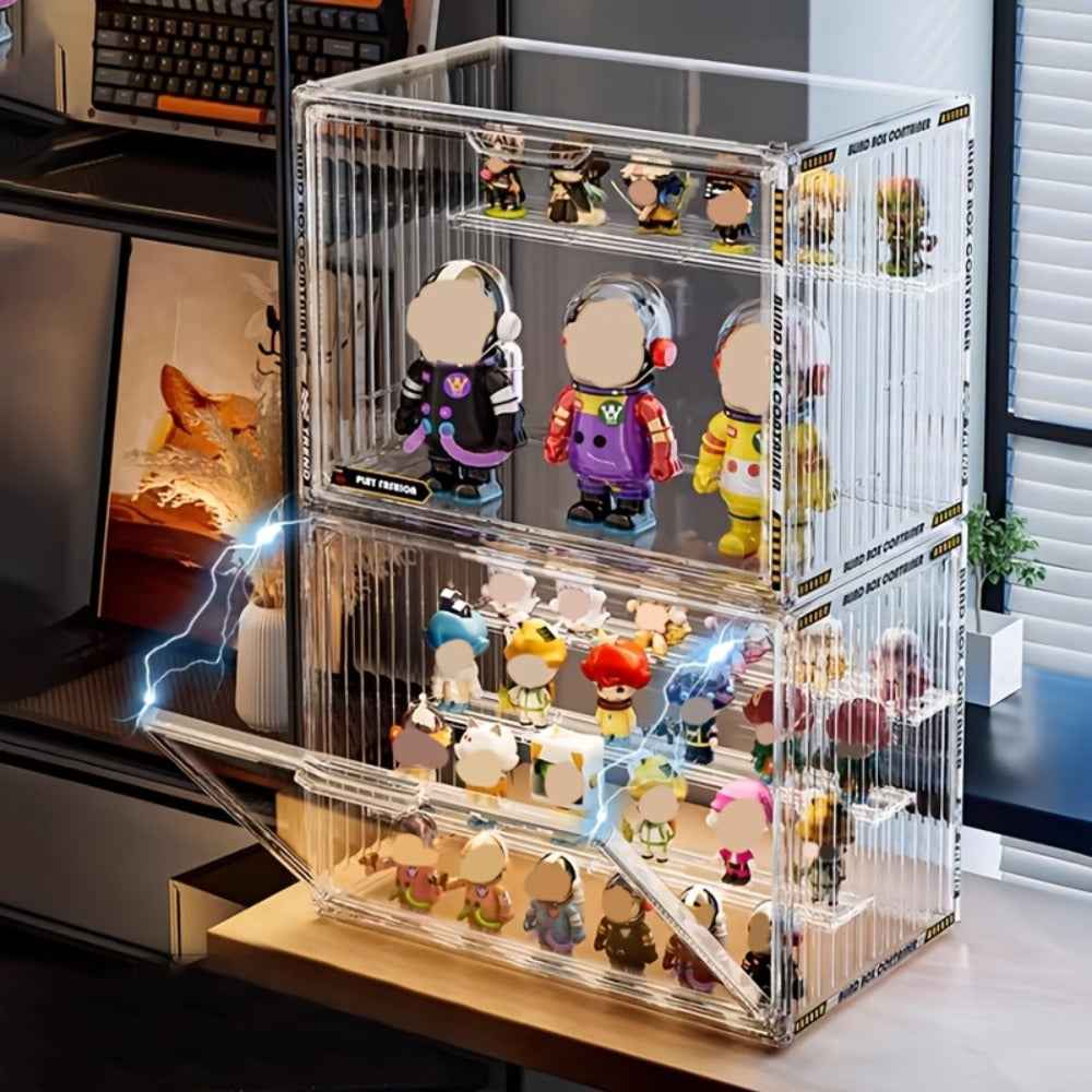 Acrylic Display Case for Figures 3 & 4 Tiers with Adjustable Dividers – Clear Dust-Proof Showcase Box with Magnetic Door for 