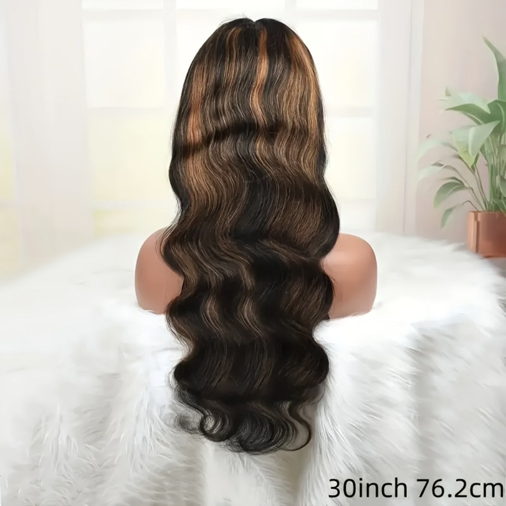 200% Density Lace Front Wig Human Hair Brown Highlights Long Wavy Pre-Plucked Glueless Heat, for Home, Travel and Salon Hair 