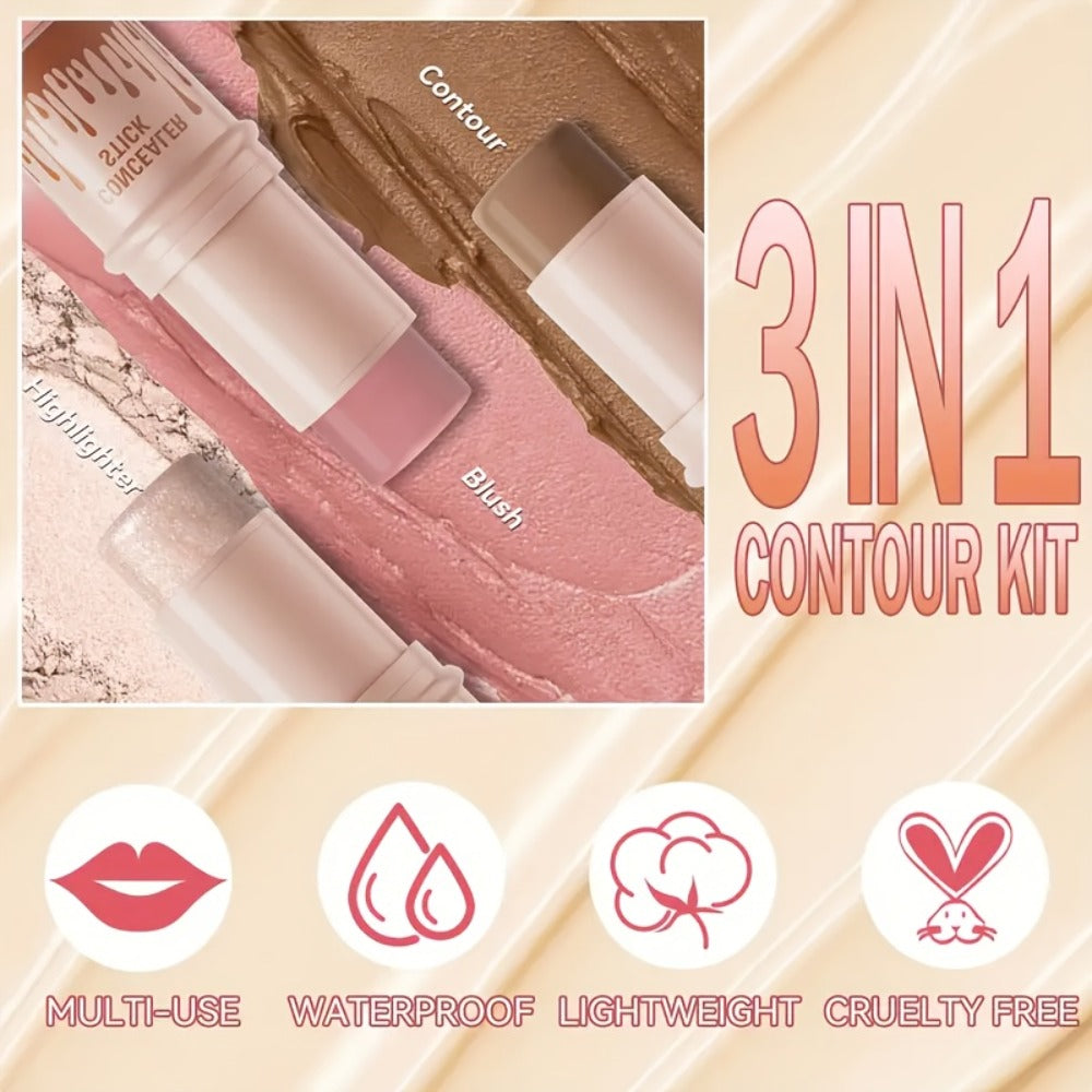 Cream Contour Stick Set 3-in-1 with Blush Highlighter & Bronzer – Squalane Non-Greasy Waterproof Long-Lasting Sculpting Kit —