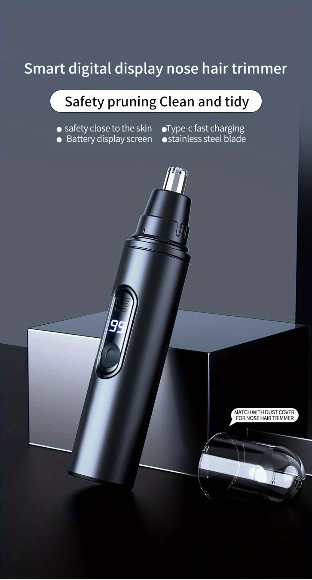 Nose Hair Trimmer Electric Painless 3-in-1 USB Rechargeable with LED Display – Trims Nose Ear Hair Eyebrows Waterproof Groomi