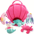 Plush Toy Five-Piece Ocean Creature Set with Mermaid, Sea Animals and Pink Shell Carry Bag — image 1
