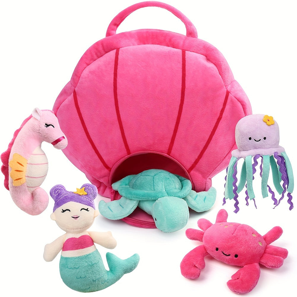 Plush Toy Five-Piece Ocean Creature Set with Mermaid, Sea Animals and Pink Shell Carry Bag — image 1