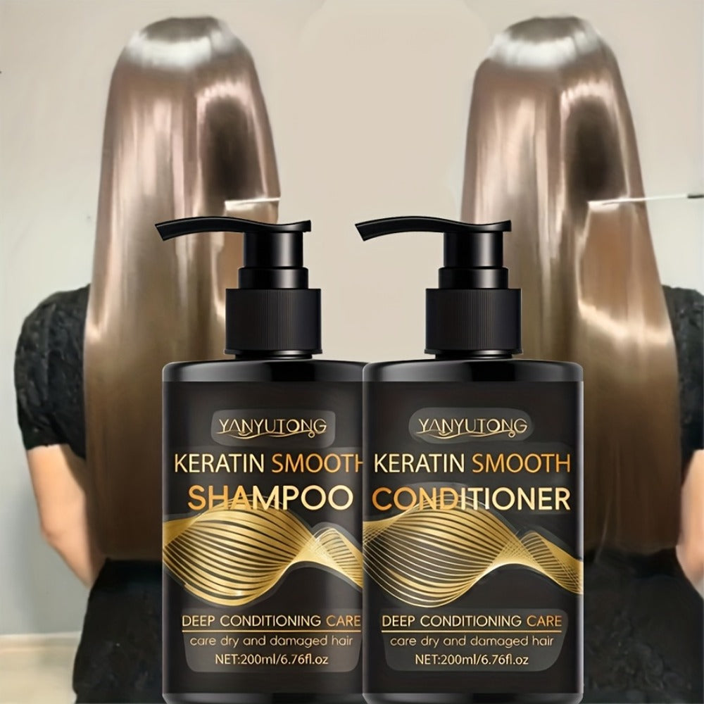 Keratin Shampoo and Conditioner Set 400ml, Breakage Split Ends & Anti-Frizz, Silky Smooth Hair for Color-Treated Heat-Damaged