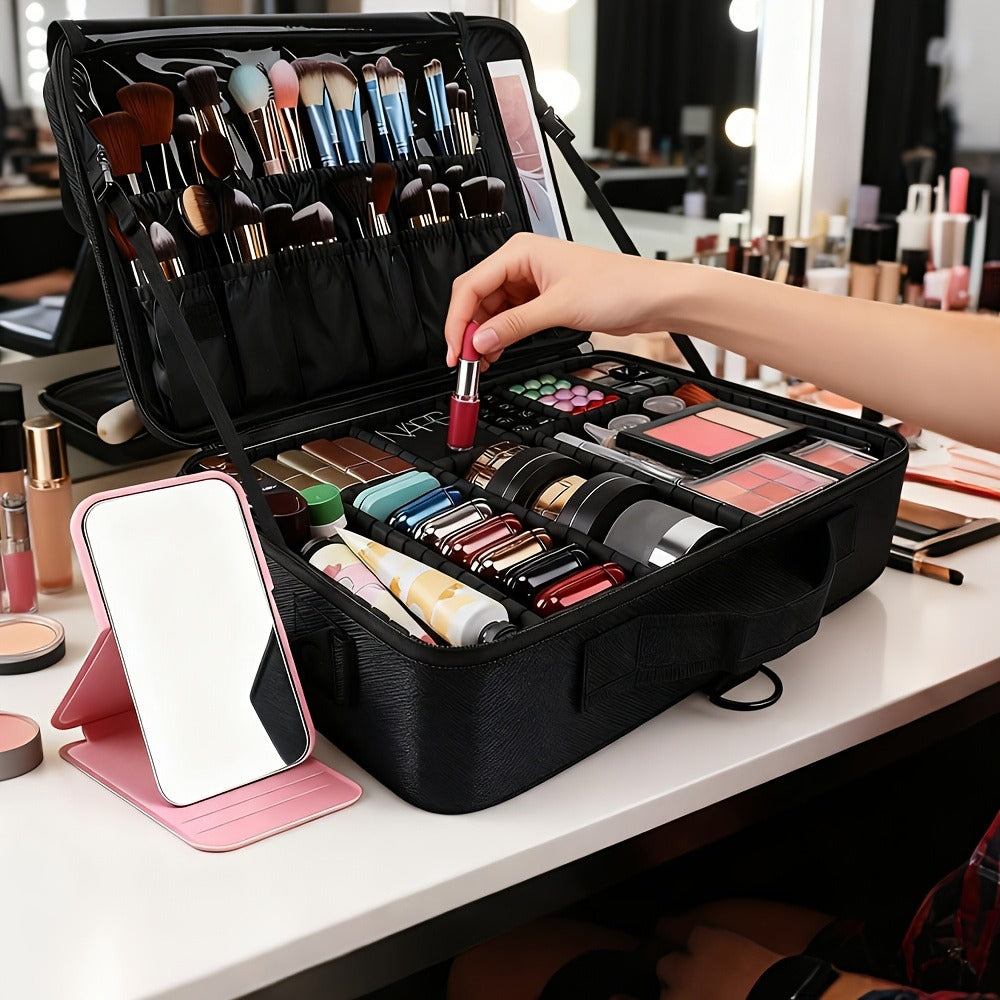 Black 15.8-Inch Soft Makeup Train Case with Three-Layer Interior, Brush Panel and Shoulder Strap — image 4