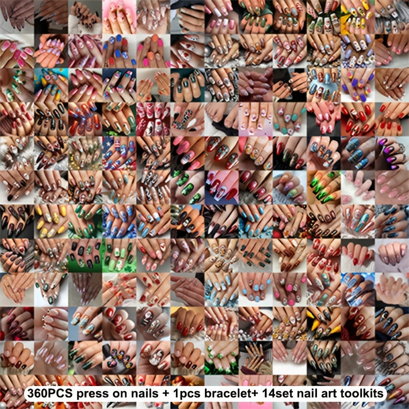 Press On Nails 375-Piece Kit with 360 Assorted Nails, Bracelet and 14-Piece Nail Art Tool Set — image 12