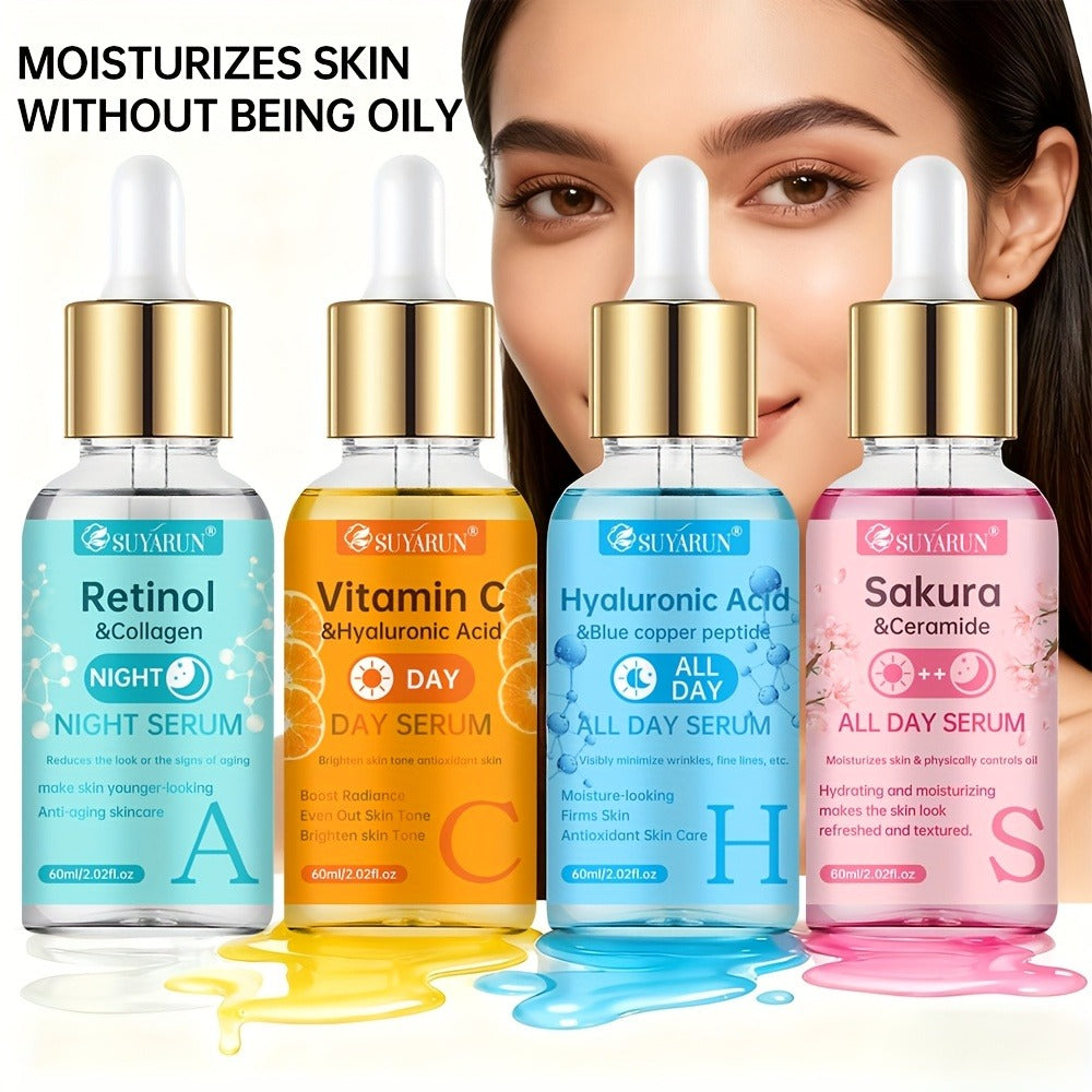 Face Serum Set 4-Piece Day & Night with Vitamin C Retinol Hyaluronic Acid Ceramide - Deep for Bath Time, Home Spa and Persona