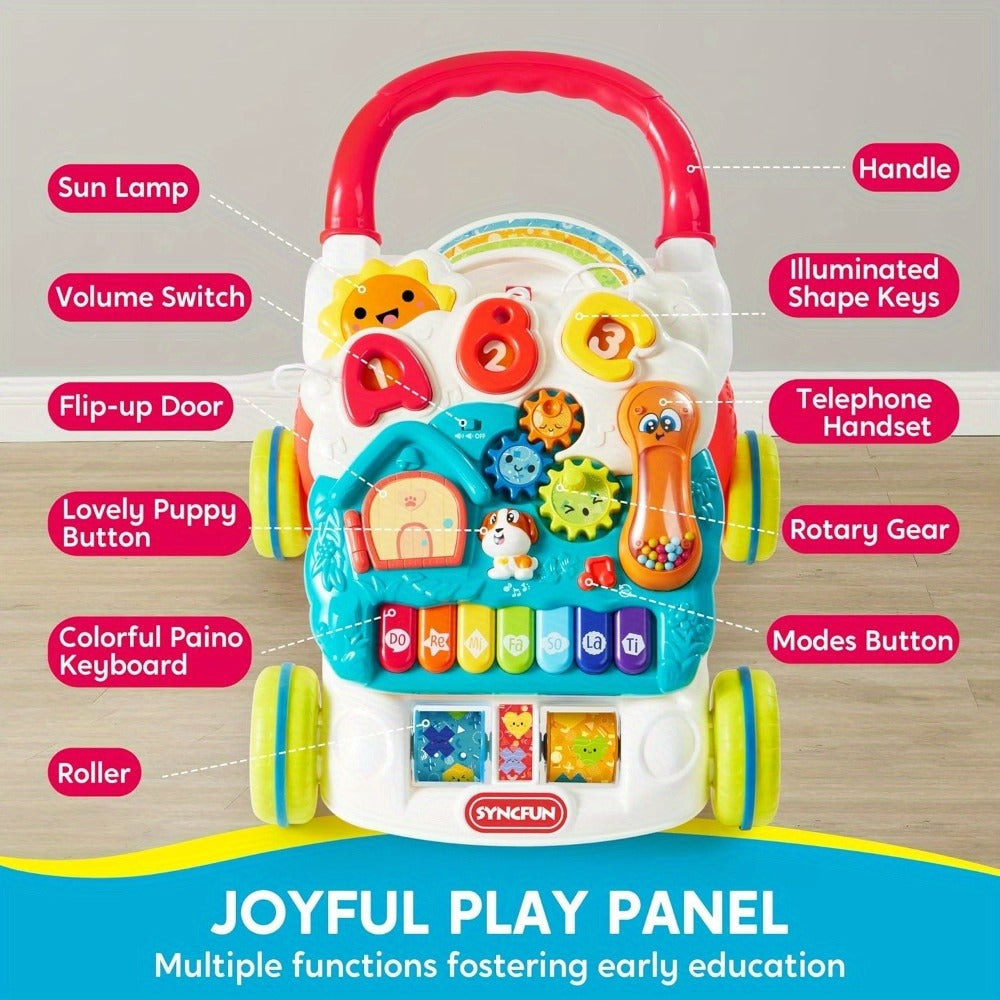 Sit to Stand Baby Push Walker 2-in-1 Adjustable Speed Learning Walker Detachable Play Panel 7-Mode Piano Light-Up Buttons Sou