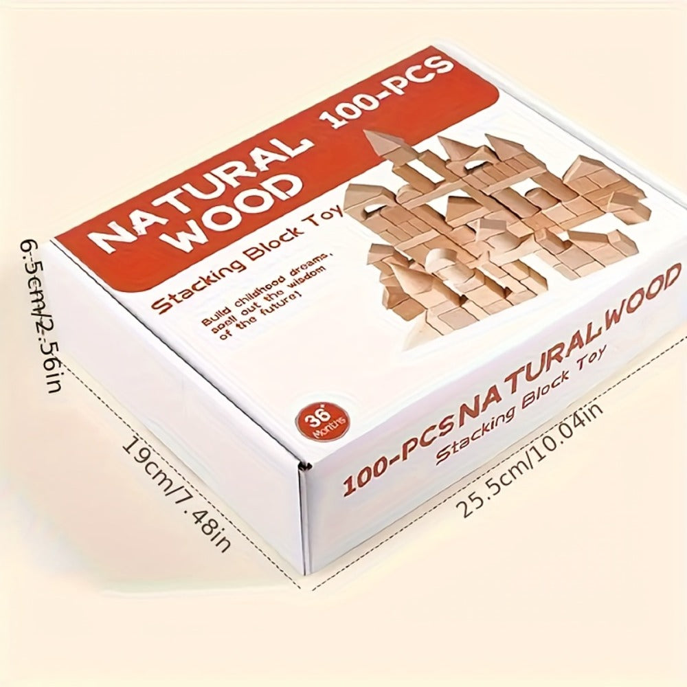 Natural Beech Wood Blocks 100 Piece Unpainted Solid Wooden Building Set, STEM Logical Thinking Toy for Kids Ages 3-12 — image
