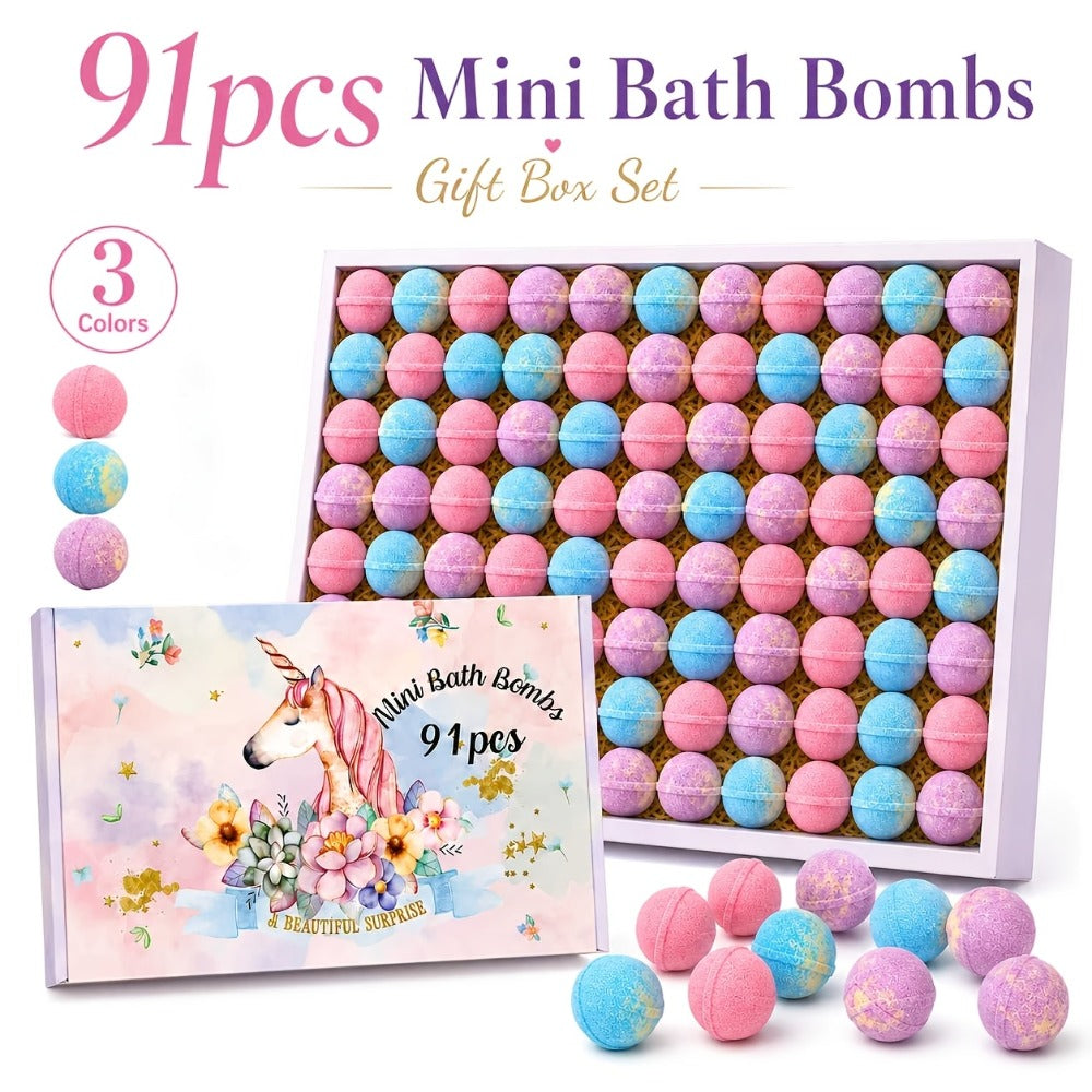 Bath Bombs, 91-Piece Mini Fizzer Set with 15g Round Pieces, Three Labeled Scents and Random Assorted Colors — image 6