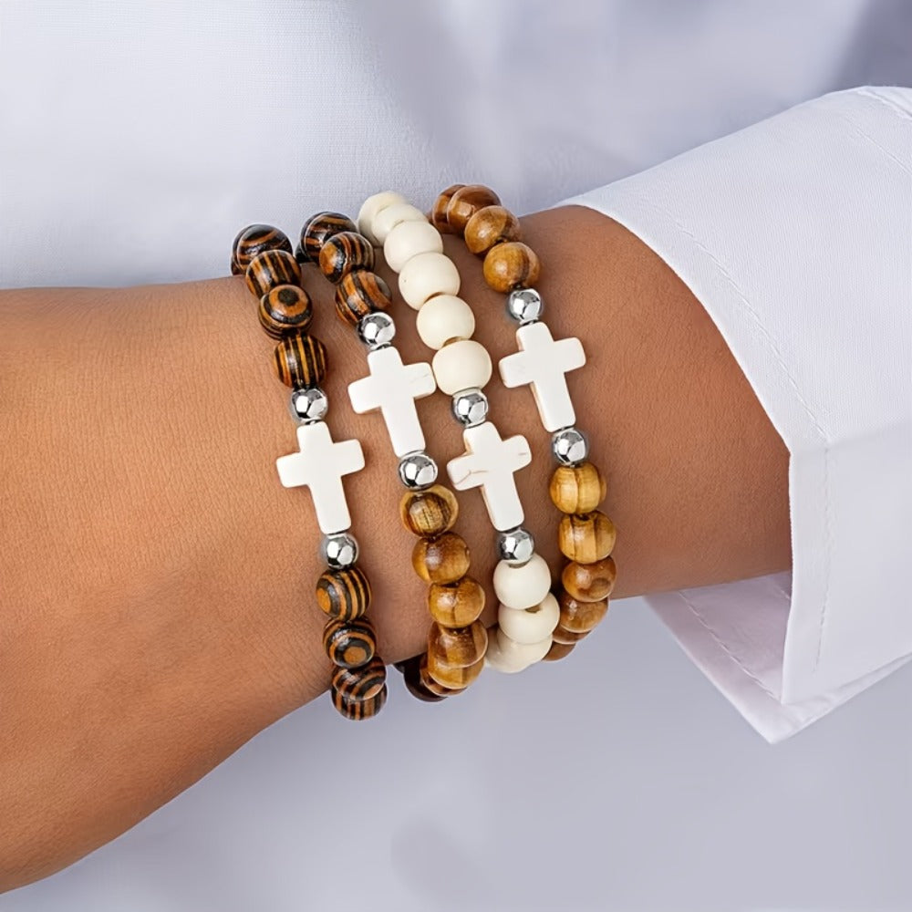 Cross Bracelets Bulk for Baptism Party Favors, 20/40PCS Vintage Ethnic Alloy Cross Pendant Woven Elastic Bracelets — image 4