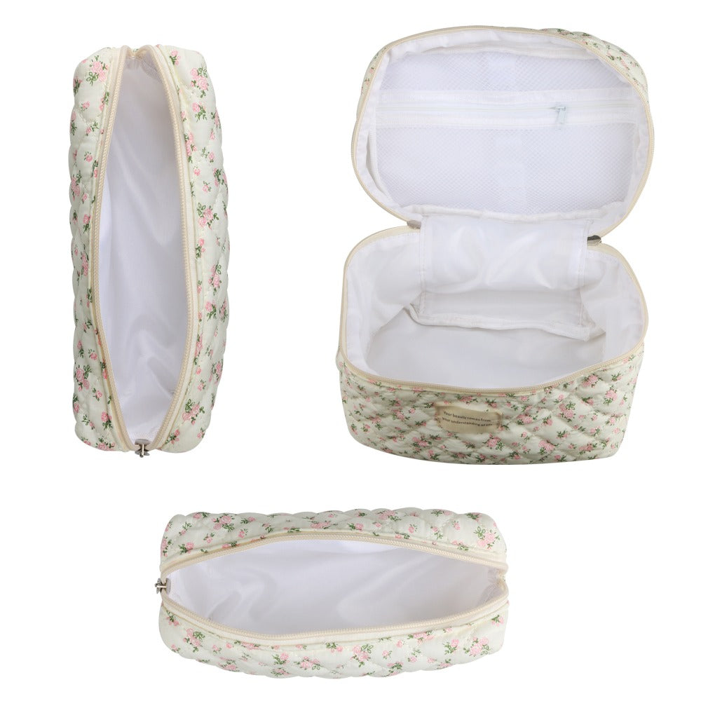 Quilted Floral Makeup Bag Set 3PCS Large Capacity Dual Layer Cotton Cosmetic Bags Coquette Aesthetic Travel Toiletry Organize