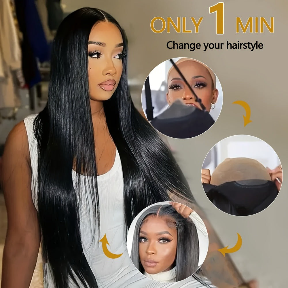Wig Bone-Straight Glueless Human Hair in Natural Black, 10-34 Inch Options with Pre-Cut 6x4.5 Lace — image 15